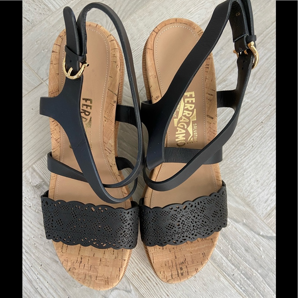 Salvatore Ferragamo Black Cork Wedge Sandals